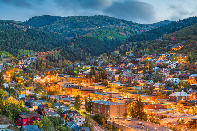 Park City, Utah, USA downtown in autumn at dusk.